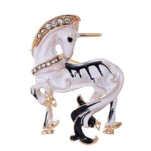 Black & White Unicorn Brooch Pin With Crystal Accents Gold-Tone & Enamel